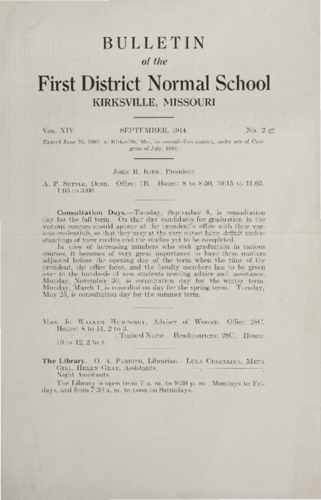 1914 Vol. XIV, No. 2c, September 1914, Bulletin of the First District Normal School, Kirksville, Missouri